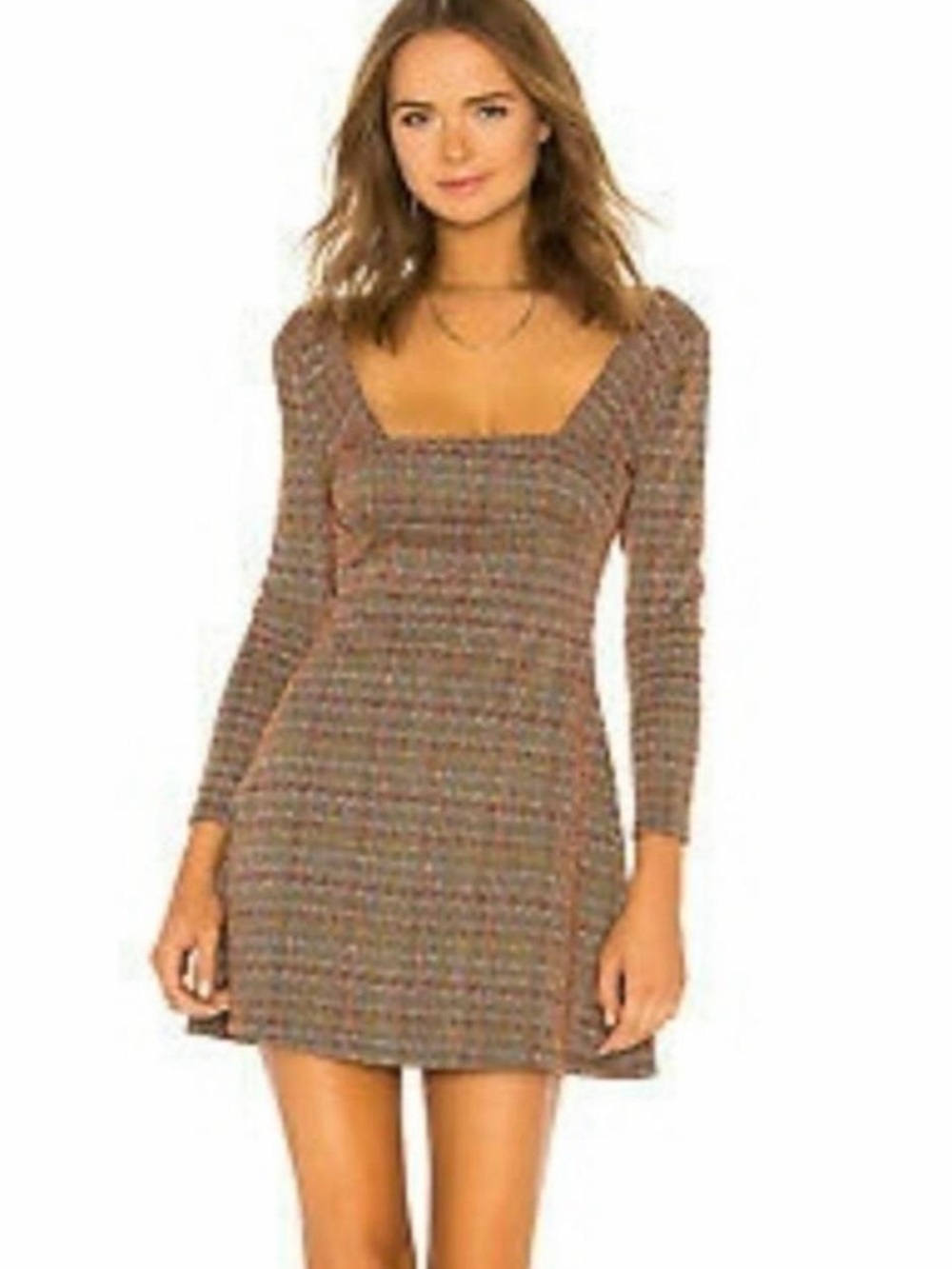 Free People Uptown Girl Multicolor Tweed Square-Neck Mini Dress